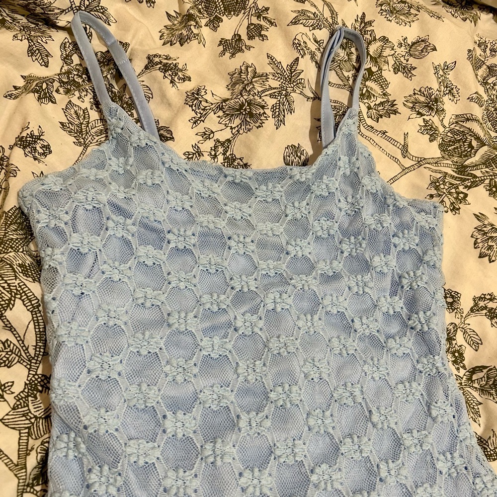 Blue mesh floral midi dress with slip